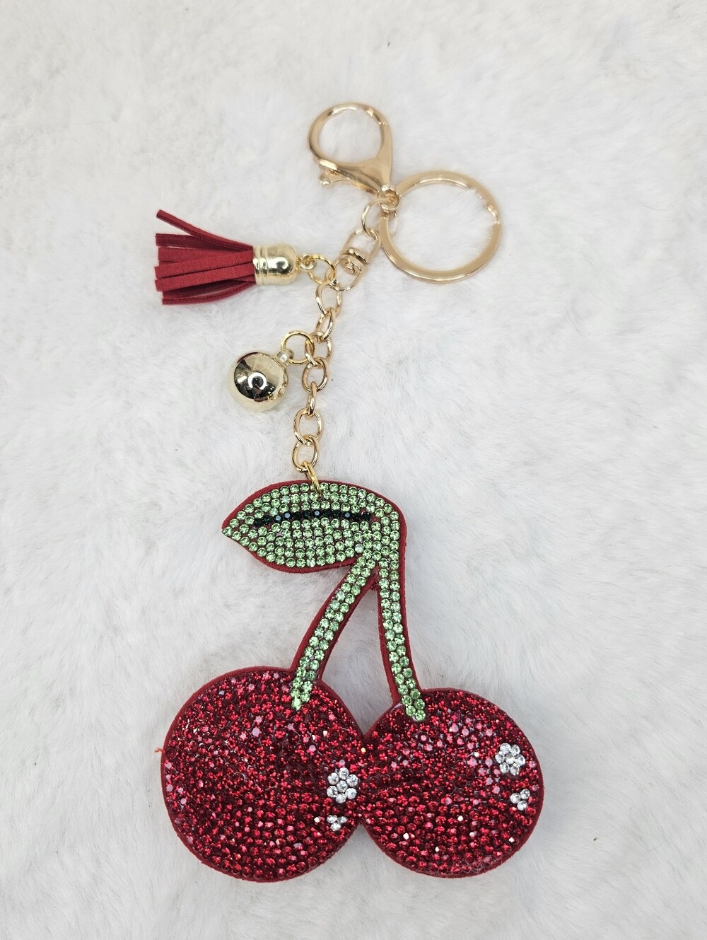 Red Cherry Crystal Keychain with Green Stem and Tassel